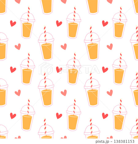 Orange juice seamless pattern cute cartoon style with hearts refreshing drink background for textile and wrapping paper design 138381153