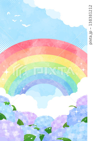 水彩風の大きな虹と紫陽花の背景_縦 138381212