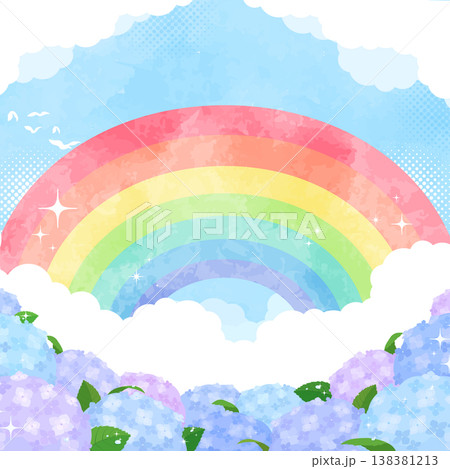 水彩風の大きな虹と紫陽花の背景_正方形 138381213