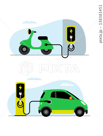 Green Electric Scooter and Compact Car at Charging Station Stock Illustration. 138381451