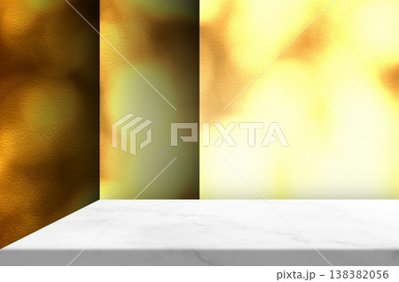 Marble Table with Light Beam and Shadow on Fortuna Gold Studio Wall Background Designed for Product Presentations. Marble Table with Light Beam and Shadow on Fortuna Gold Studio Wall Background Designed for Product Presentations. 138382056
