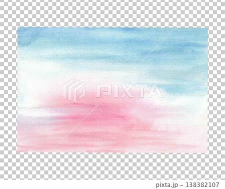 Sunset or sunrise sky watercolor background. Hand drawn realistic colorful blue, purple, red sky with clouds. Clipart for landscape design of nature card, poster, banner Isolated on white illustration Sunset or sunrise sky watercolor background. Hand drawn realistic colorful blue, purple, red sky with clouds. Clipart for landscape design of nature card, poster, banner Isolated on white illustration 138382107
