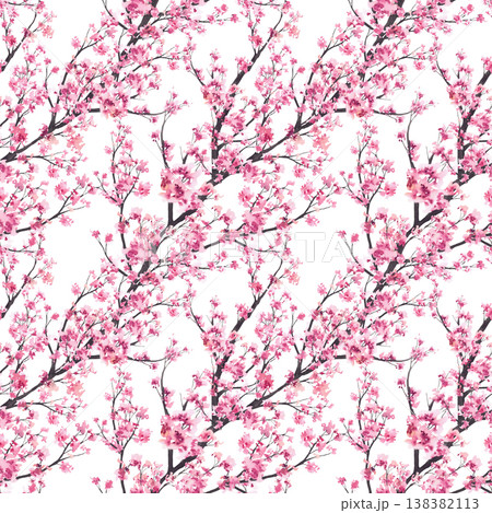 Blossoming branch from tree, sakura, cherry or apple buds and flowers seamless pattern. Spring blossoms, Asian springtime watercolor fabric design. Hand drawn isolated illustration on white background 138382113