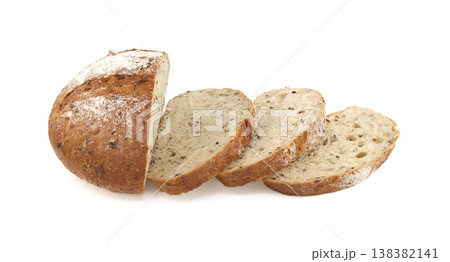 Sliced Multigrain Bread Loaf With Seeds Rustic Crusty Artisan Bread On White Background Sliced Multigrain Bread Loaf With Seeds Rustic Crusty Artisan Bread On White Background 138382141