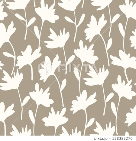Simple delicate calm floral vector seamless pattern in pastel colors. Light flowers on a stem on a gray background. For printed fabrics, textiles, boho decor. 138382270
