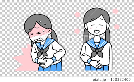 一組關於女孩胃部問題及其改善方法的插圖 | 月經、壓力、健康 138382409