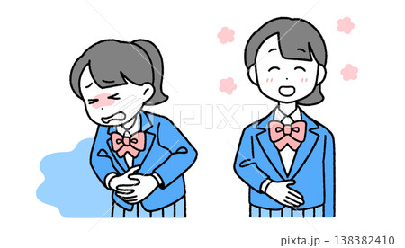 女の子のお腹の不調と改善イラストセット|生理・ストレス・健康 女の子のお腹の不調と改善イラストセット|生理・ストレス・健康 138382410