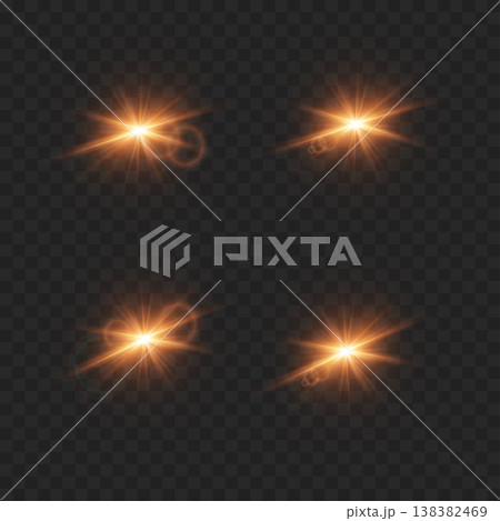 Realistic Golden Orange Lens Flare Set. Vector Glowing Light Effects and Sunbursts on Transparent Background. 138382469