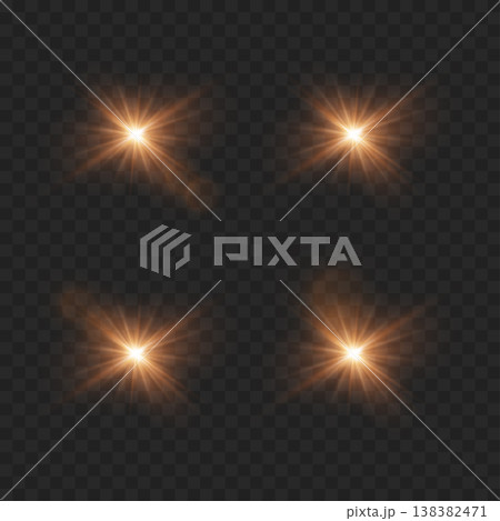 Realistic Golden Orange Lens Flare Set. Vector Glowing Light Effects and Sunbursts on Transparent Background. Realistic Golden Orange Lens Flare Set. Vector Glowing Light Effects and Sunbursts on Transparent Background. 138382471
