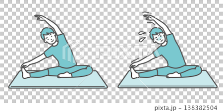 A set of illustrations comparing a man stretching with a smile and a man struggling. A set of illustrations comparing a man stretching with a smile and a man struggling. 138382504