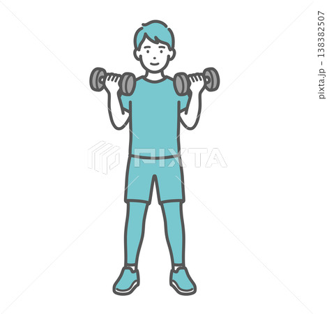 笑顔でダンベルトレーニング（筋トレ）をする男性のイラスト 138382507