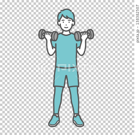 笑顔でダンベルトレーニング（筋トレ）をする男性のイラスト 138382507