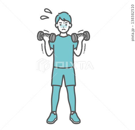 苦戦しながらダンベルトレーニング（筋トレ）をする男性のイラスト 138382510