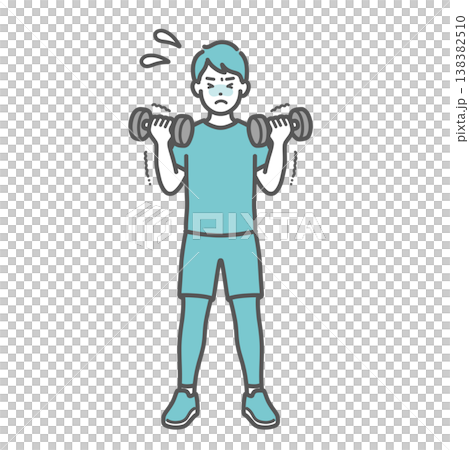 苦戦しながらダンベルトレーニング（筋トレ）をする男性のイラスト 138382510
