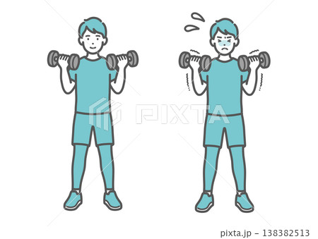 笑顔でダンベルトレーニングをする男性と苦戦する男性の比較セットイラスト 138382513
