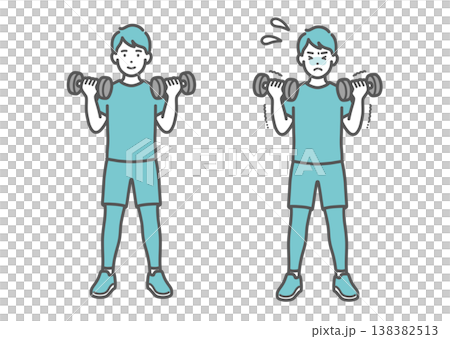 笑顔でダンベルトレーニングをする男性と苦戦する男性の比較セットイラスト 138382513