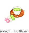 手描き水彩の三色団子と茶托付き緑茶イラスト 138382545