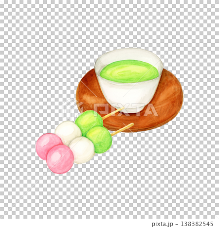 手繪水彩插圖，描繪了三色團子、綠茶和茶碟。 138382545