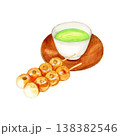 手描き水彩のみたらし団子と茶托付き緑茶イラスト 138382546