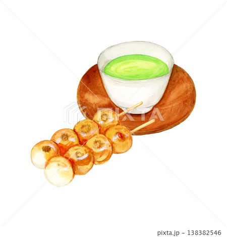 手描き水彩のみたらし団子と茶托付き緑茶イラスト 手描き水彩のみたらし団子と茶托付き緑茶イラスト 138382546