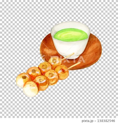 手描き水彩のみたらし団子と茶托付き緑茶イラスト 手描き水彩のみたらし団子と茶托付き緑茶イラスト 138382546