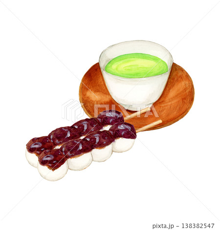 手描き水彩のあんだんご2本と茶托付き緑茶のイラスト 138382547