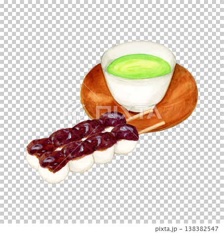 手描き水彩のあんだんご2本と茶托付き緑茶のイラスト 138382547