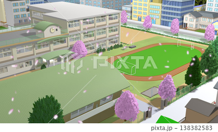 桜舞う学校の景色（アニメの背景画に最適：動画もあります） 138382583