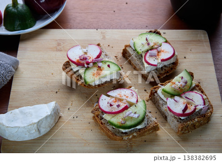 Open Sandwiches with Brie Radish and Cucumber 138382695