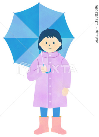 雨の日のイラスト素材　レインコートを着て傘をさす子供のイラスト　水彩風 138382696
