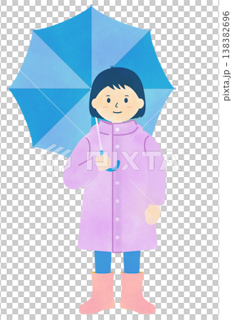 雨の日のイラスト素材　レインコートを着て傘をさす子供のイラスト　水彩風 138382696