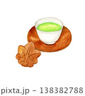 手描き水彩のもみじまんじゅうと茶托付き緑茶のイラスト 138382788