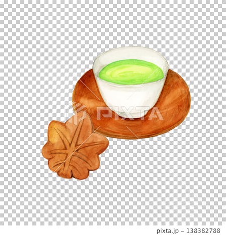 手描き水彩のもみじまんじゅうと茶托付き緑茶のイラスト 138382788