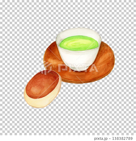 手描き水彩の栗まんじゅうと茶托付き緑茶のイラスト 手描き水彩の栗まんじゅうと茶托付き緑茶のイラスト 138382789
