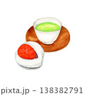 手描き水彩のいちご大福と茶托付き緑茶のイラスト 138382791