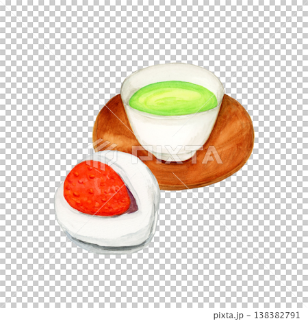 手描き水彩のいちご大福と茶托付き緑茶のイラスト 138382791