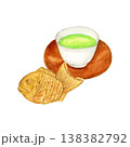 手描き水彩のたい焼きと茶托付き緑茶のイラスト 138382792