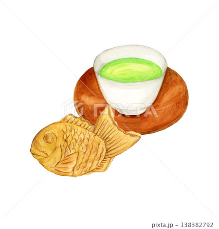 手描き水彩のたい焼きと茶托付き緑茶のイラスト 手描き水彩のたい焼きと茶托付き緑茶のイラスト 138382792