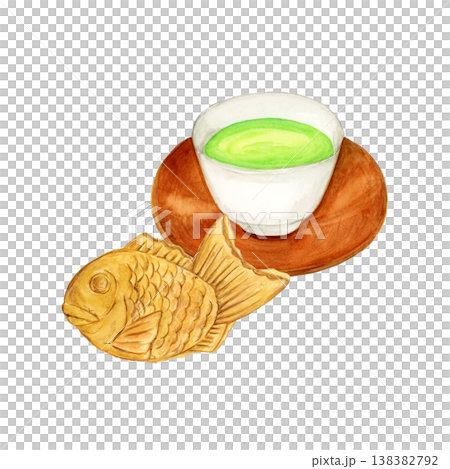 手描き水彩のたい焼きと茶托付き緑茶のイラスト 手描き水彩のたい焼きと茶托付き緑茶のイラスト 138382792