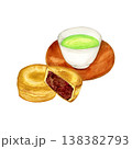 手描き水彩の今川焼きと茶托付き緑茶のイラスト 138382793