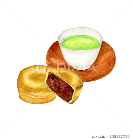 手描き水彩の今川焼きと茶托付き緑茶のイラスト 手描き水彩の今川焼きと茶托付き緑茶のイラスト 138382793