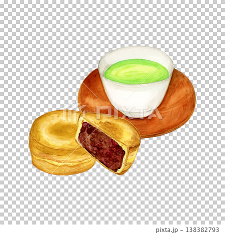手描き水彩の今川焼きと茶托付き緑茶のイラスト 手描き水彩の今川焼きと茶托付き緑茶のイラスト 138382793