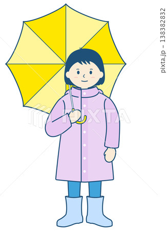 雨の日のイラスト素材　レインコートを着て傘をさす子供のイラスト 138382832