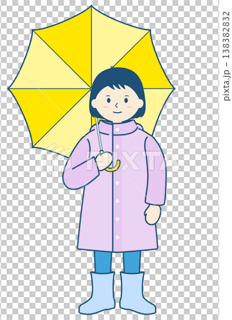 雨天，一個孩子穿著雨衣，撐著傘。 138382832