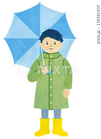 雨の日のイラスト素材　レインコートを着て傘をさす子供のイラスト　水彩風 138382837