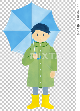 雨の日のイラスト素材　レインコートを着て傘をさす子供のイラスト　水彩風 138382837