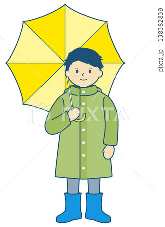 雨の日のイラスト素材　レインコートを着て傘をさす子供のイラスト 138382839