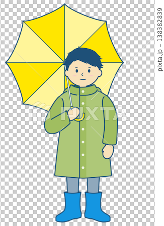 雨の日のイラスト素材　レインコートを着て傘をさす子供のイラスト 138382839