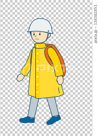 Disaster preparedness illustration: Illustration of a child wearing a disaster preparedness backpack and helmet. 138382851