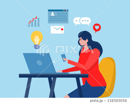 Woman working from home with computer laptop as self employed, pay by project, young adult freelancer work with computer laptop at home. vector Woman working from home with computer laptop as self employed, pay by project, young adult freelancer work with computer laptop at home. vector 138383038